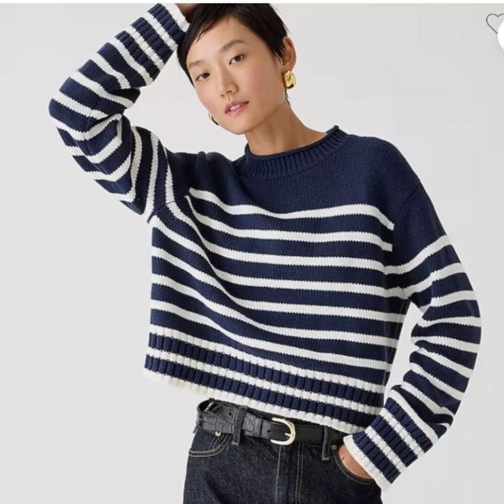 J CREW Rollneck™ Cotton Knit sweater in stripe BV396 Extra Small Navy & White